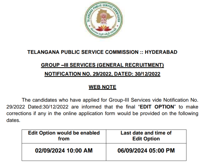 The candidates who have applied for Group-III Services vide Notification No. 29/2022 Dated:30/12/2022 are informed that the final “EDIT OPTION” to make corrections if any in the online application form would be provided on the following dates.